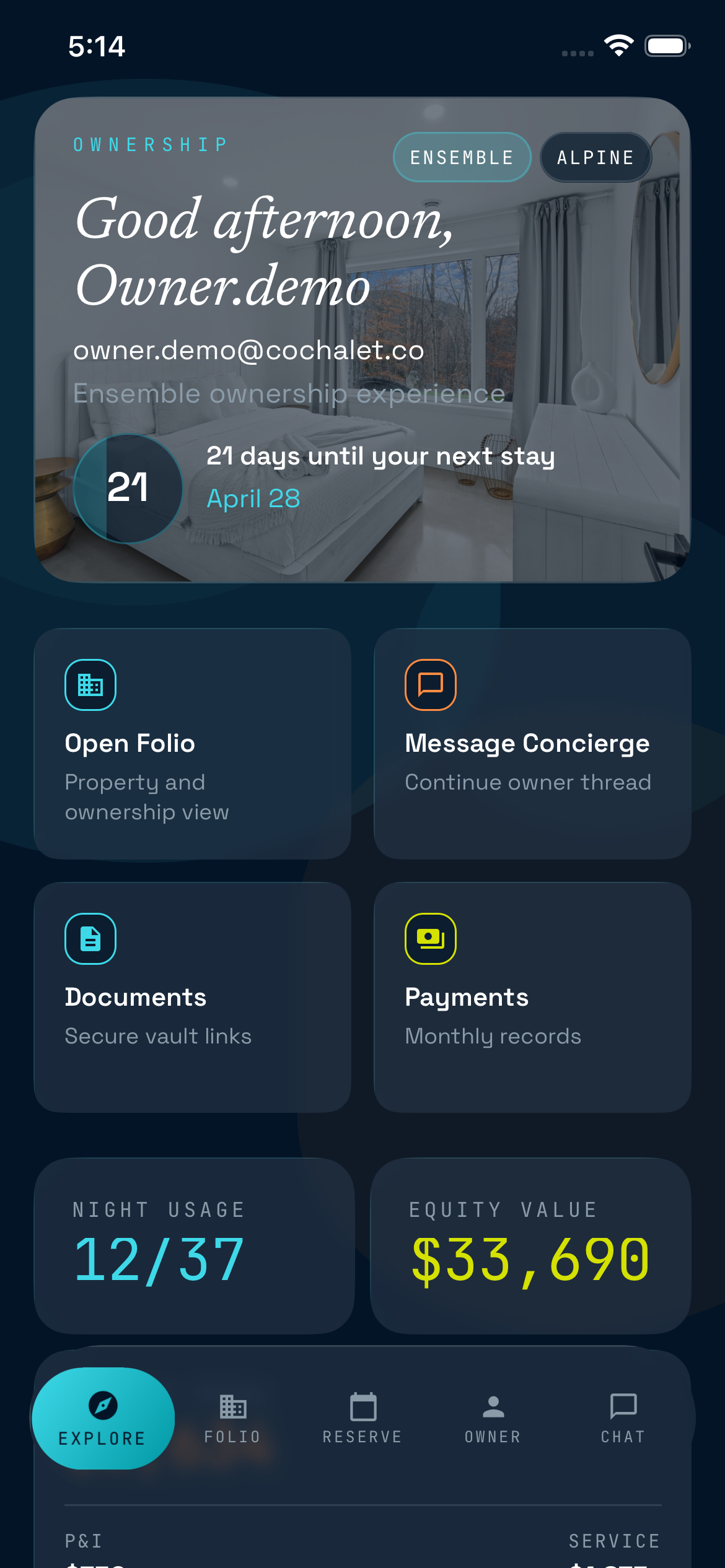 CoChalet iOS app · Home · Owner dashboard
