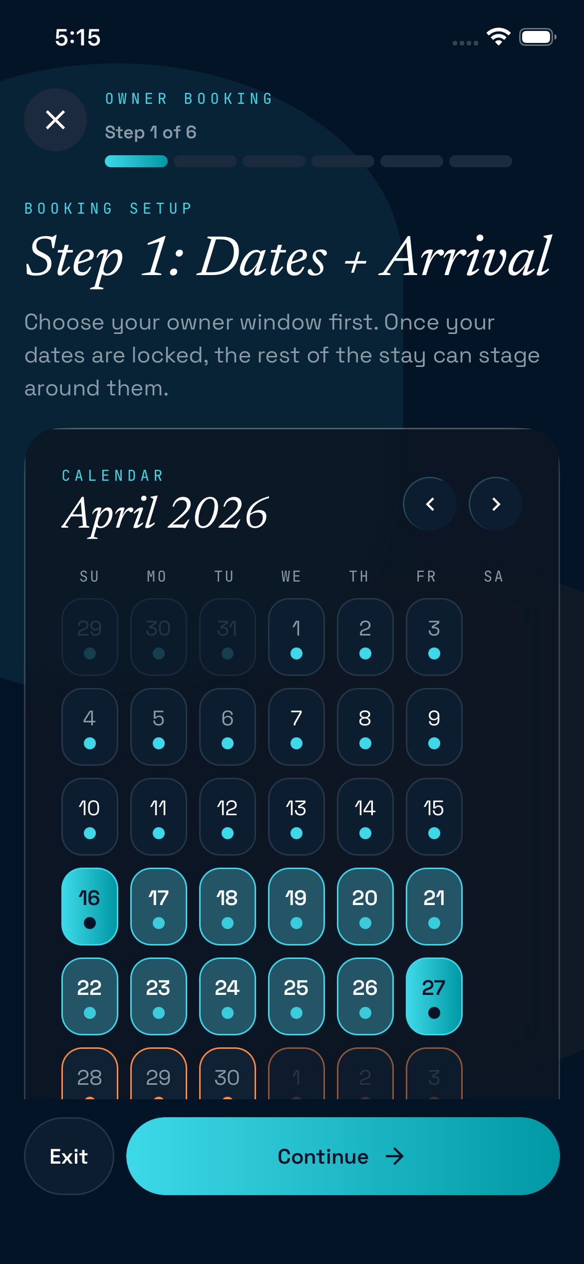 CoChalet iOS app · Dates · Booking calendar