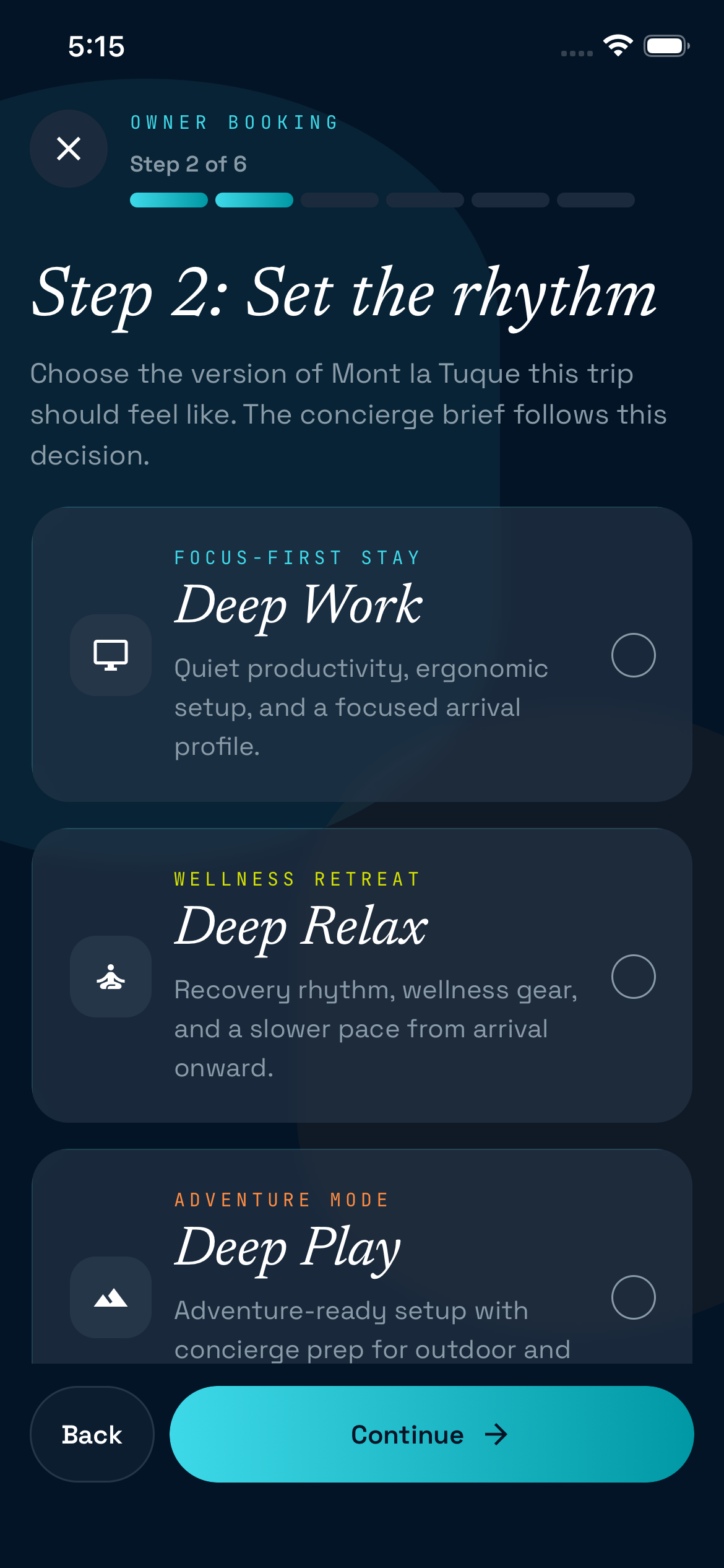 CoChalet iOS app · Rhythm Mode · three modes for Work, Rest, and Play