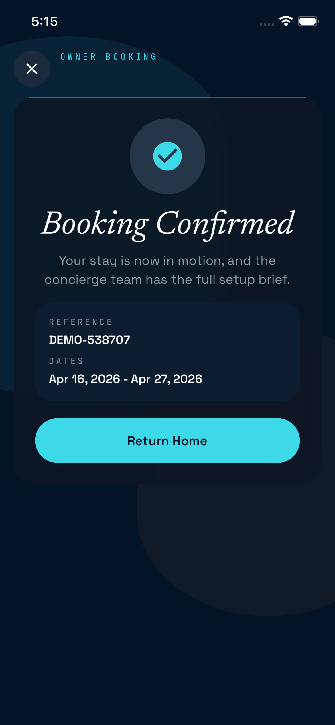 CoChalet iOS app · Confirmed · Booking confirmation screen