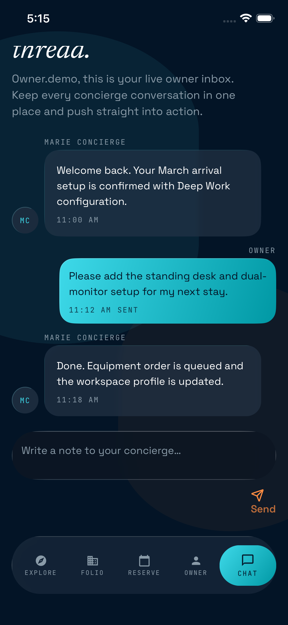 CoChalet iOS app · Concierge · Chat interface