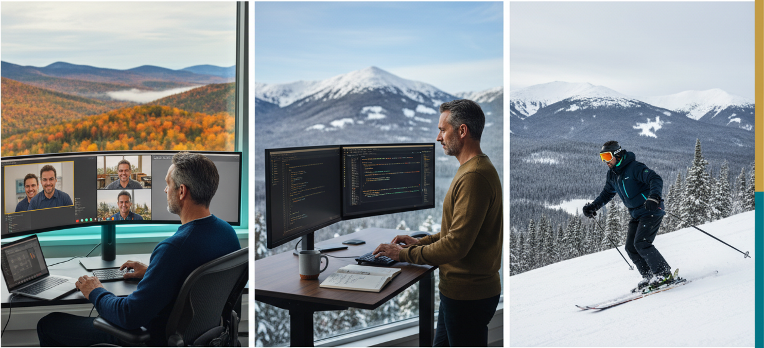 Deep Worker persona — 3-panel: video call from the chalet · deep-work at the mountain desk · ski from the deck